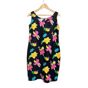VINTAGE Women’s Sleeveless 100% Linen Tropical Floral Shift Dress Size 8
